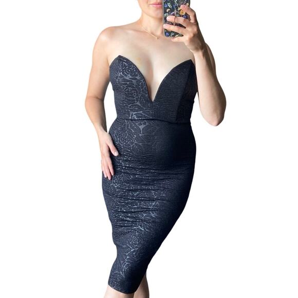 Windsor S Black Floral Textured Strapless Plunge Vneck Midi Cocktail Dress - Picture 1 of 9